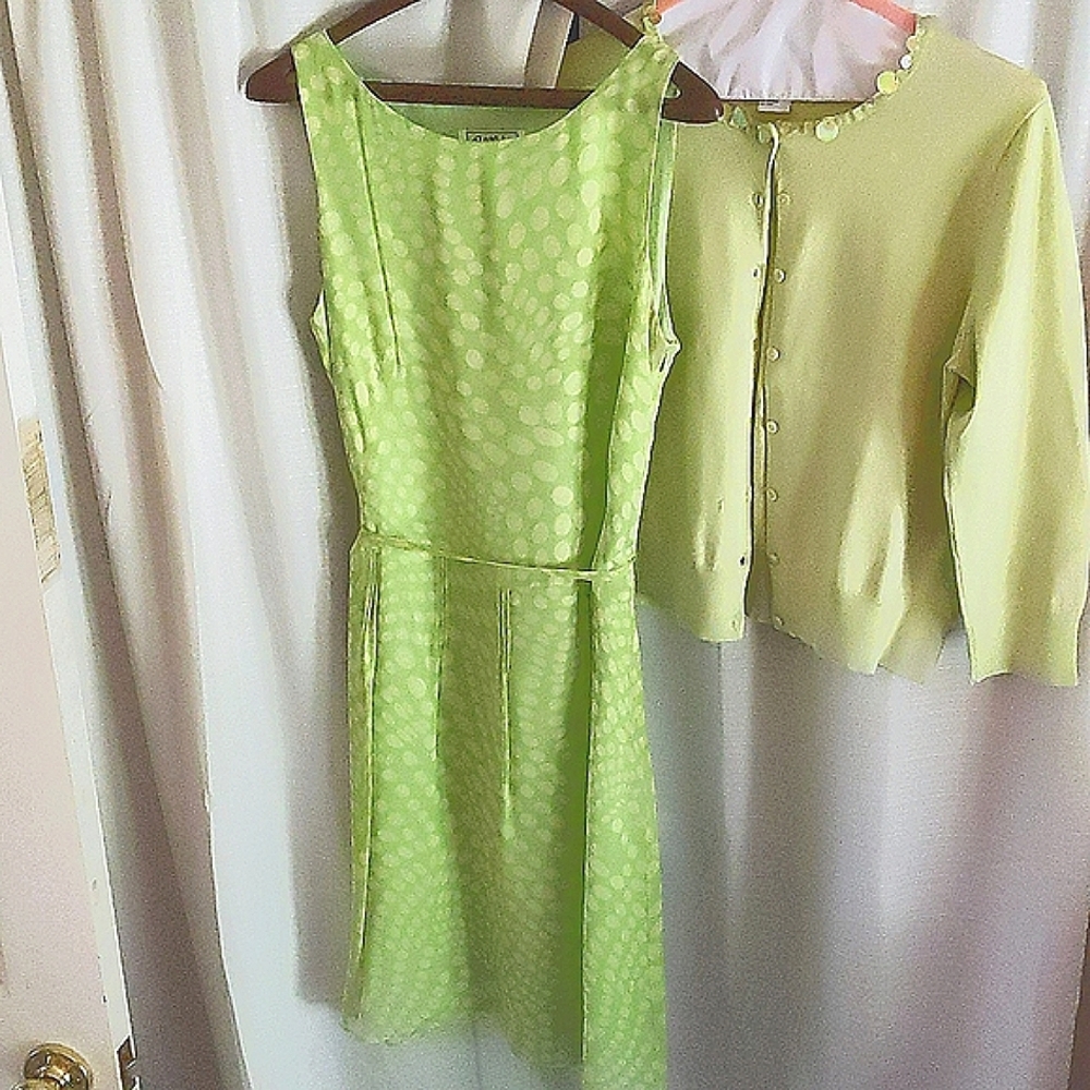 BOB MACKIE Silk  Dress & Cardigan 8P Geo Dot Flowy Pintuck Pleated